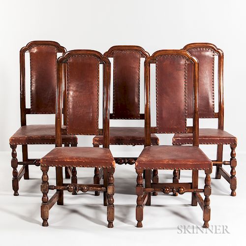 Five Maple Crook-back Leather Chairs