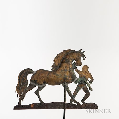 Molded and Sheet Copper Gilt and Paint-decorated Horse and Groom Weathervane