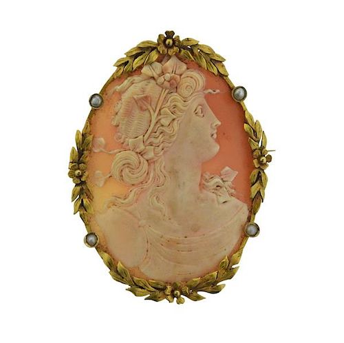 Antique 18K Gold Pearl Shell Cameo Broock