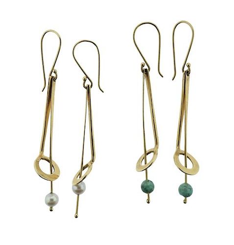 Jules Brenner 14K Gold Pearl Green Stone Earrings Lot of 4