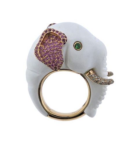 18k Gold Ceramic Diamond Gemstone Elephant Ring 