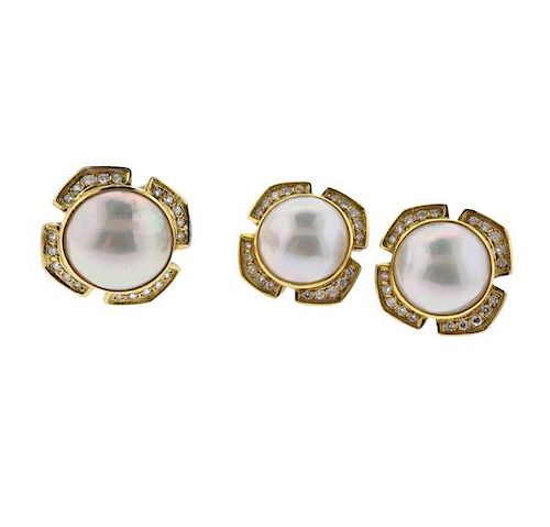 18K Gold Diamond Pearl Earrings Ring Set
