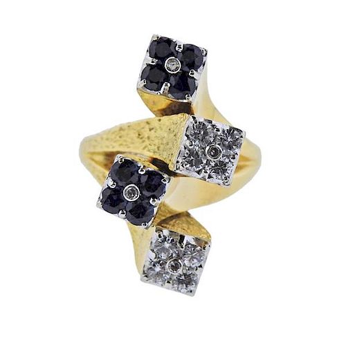 Modernist 18K Gold Diamond Sapphire Ring