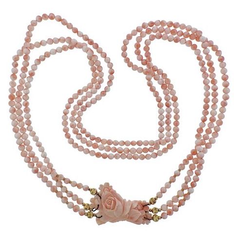14k Gold Carved Coral Bead Necklace 
