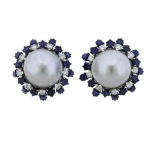 David Webb Platinum Diamond Sapphire Pearl Earrings