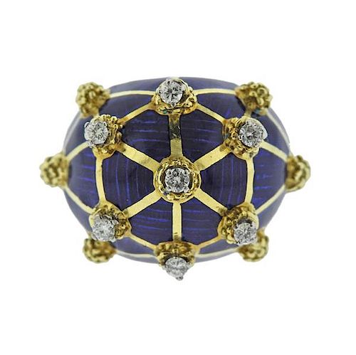 18K Gold Diamond Blue Enamel Dome Ring
