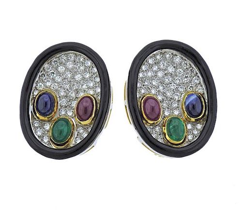 18K Gold Diamond Ruby Sapphire Emerald Earrings