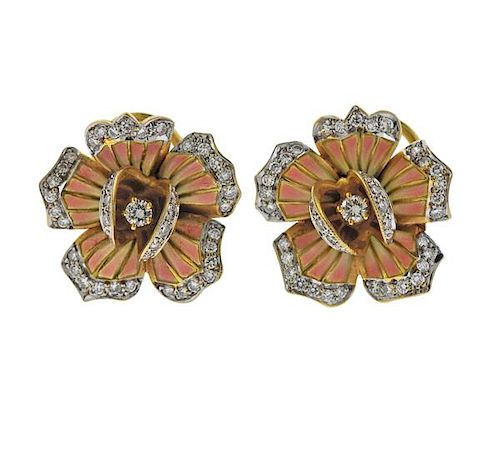 Masriera 18K Gold Diamond Enamel Flower Earrings