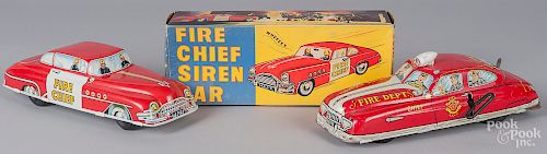 Two tin litho fire chief cars