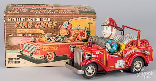 Japanese battery operated tin litho fire chief car