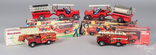 Two French Jeep Pompiers tin wind-up fire vehicle