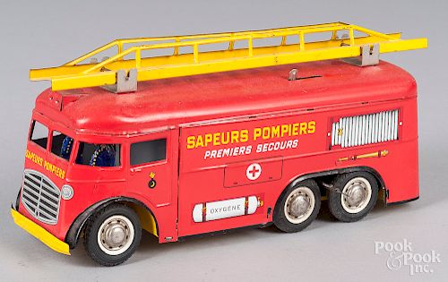 French Joustra tin litho wind-up fire ladder truck