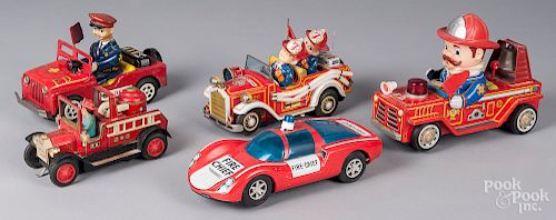 Five tin litho battery operated fire vehicles