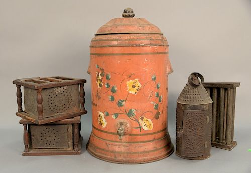 Primitive group to include two primitive foot warmers, pierced tin lantern, candle mold, and tole pot with spigot