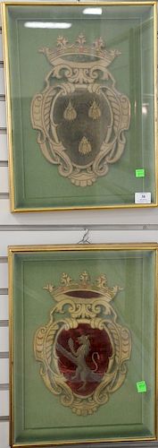 Pair of 18th/19th century embroidered coat of arms, one is red velvet with gold thread and silk lion, the other green velvet with go...