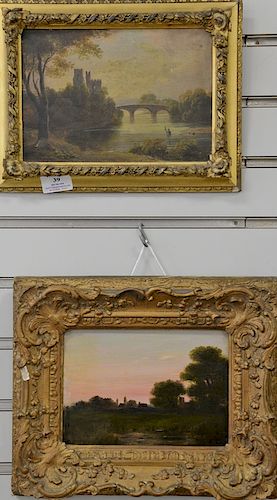 Two 19th century paintings including oil on panel sunset landscape, signed lower right T.W. Allen? and an English school oil on panel landscape with c
