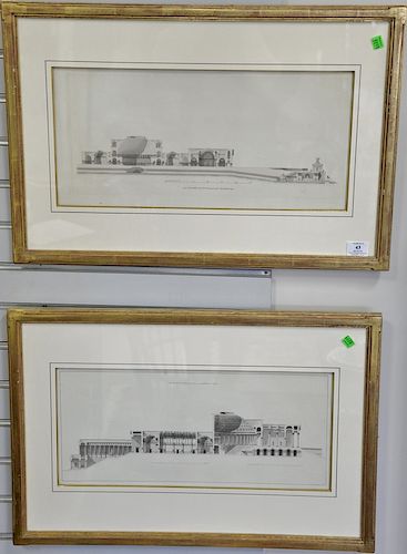 Set of four framed Architectural Elevation colored engravings. Sight size: 9" x 20"