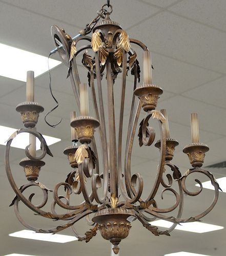 Contemporary iron eight light hanging chandelier. ht. 36in., dia. 32in.