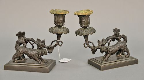 Pair of bronze dog candlesticks with gilt bronze bobash. ht. 6 1/2in., lg. 7in.