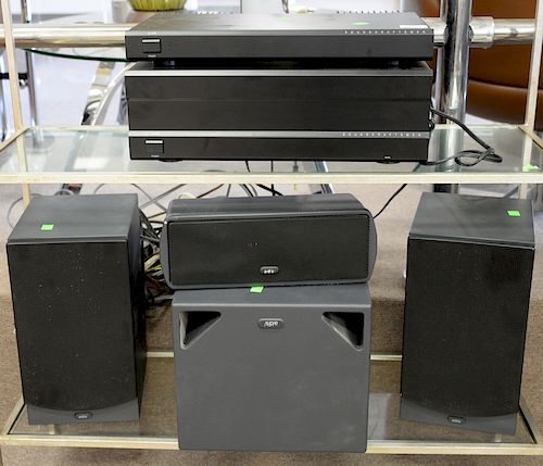 Six piece lot including Soundcraftsmen A200 and A100 along with three ADS speakers and a subwoofer