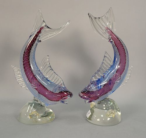 Pair of large purple and blue Alfredo Barbini Murano art glass fish. ht. 18 1/2in.