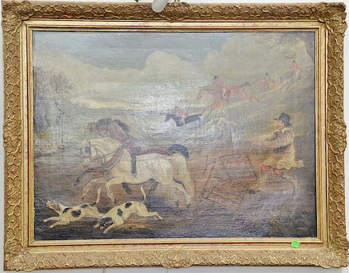 19th/20th century oil on canvas, Fox Hunt, Going Wrong, unsigned. 22" x 30"