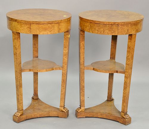 Pair of Baker burlwood round tables. ht. 32in., dia. 19in.
