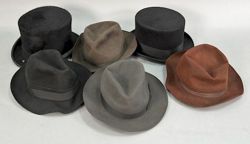 Group of six mens hats, size 7 1/8 - 7 3/8, including Vintage Herbert Johnson top hat, Selentino top hat, Herbert Johnson Derby hat,...