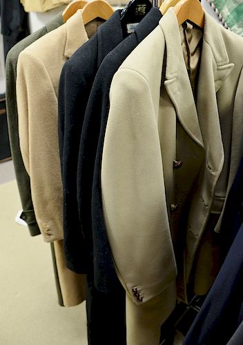 Five mens trench coats, one marked J