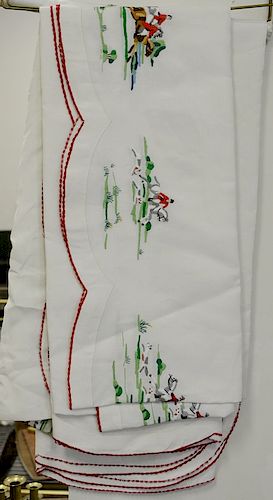 Two sets of tablecloths with napkins having embroidered horse and jockey sporting scene