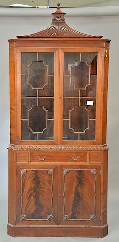 Chippendale style mahogany corner cabinet (two glazed glass panels as is). ht. 76in., wd. 38in., dp. 24in.