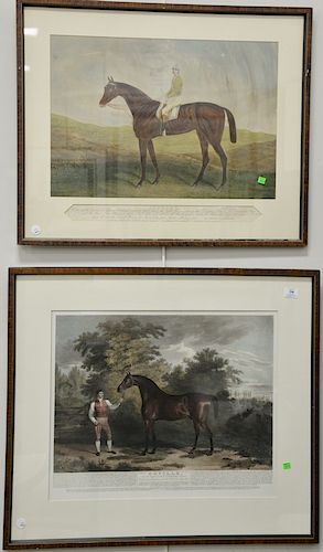 Two Equestrian horse portraits including Hunt Publishers hand colored aquatint "Isonomy" racehorse with jockey and colored steel eng...