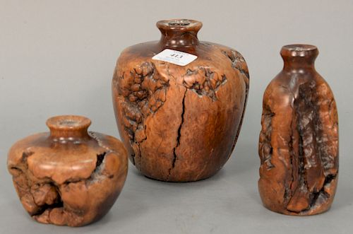 Three carved burlwood vases with glass inserts