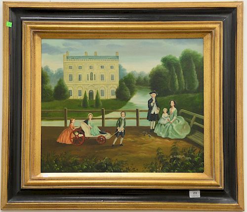 Two large paintings to include contemporary English primitive style with family, signed lower right: K. Wilson, and 19th century oil...