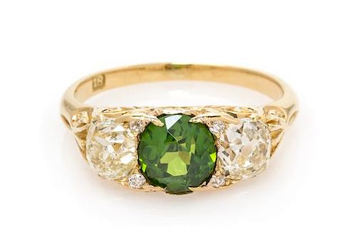 An Art Nouveau 18 Karat Yellow Gold, Russian Demantoid Garnet and Diamond Ring, 2.30 dwts.