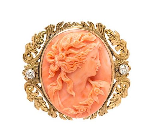 * An Art Nouveau 14 Karat Yellow Gold Coral Cameo and Diamond Brooch, Lewy Brothers, 17.20 dwts.