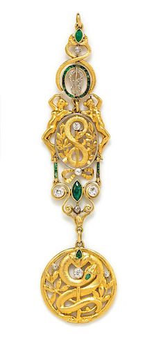 * An Edwardian Yellow Gold, Platinum, Diamond, and Emerald Serpent Motif Fob Pendant, 17.40 dwts.