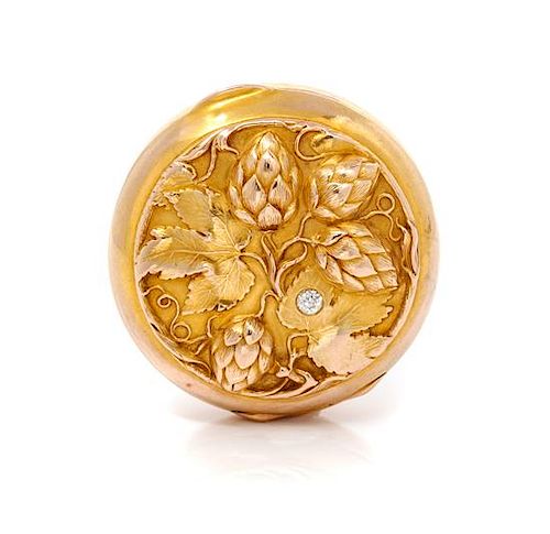 * An Art Nouveau Yellow Gold and Diamond Acorn Motif Powder Case, 12.30 dwts.