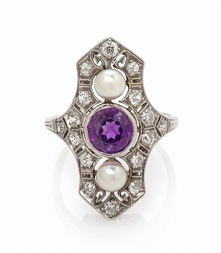 An Edwardian Amethyst, Diamond and Pearl Ring, 4.30 dwts.