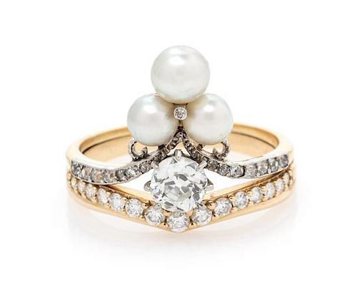 A Yellow Gold, Platinum, Diamond and Pearl Ring, 3.65 dwts.