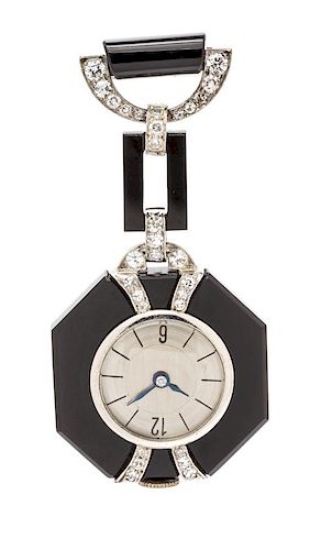 An Art Deco Platinum, Onyx and Diamond Lapel Watch, 8.60 dwts.