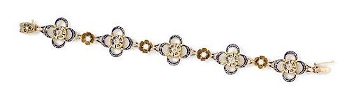 A 14 Karat Yellow Gold, Diamond, Cultured Pearl and Enamel Bracelet, 11.70 dwts.