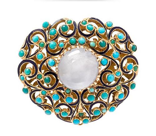 A Yellow Gold, Star Sapphire, Turquoise, Hardstone and Enamel Brooch, 15.30 dwts.
