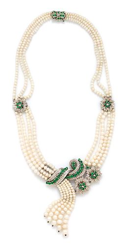 A White Gold, Emerald, Diamond and Cultured Pearl Multistrand Cascade Necklace, 43.40 dwts.