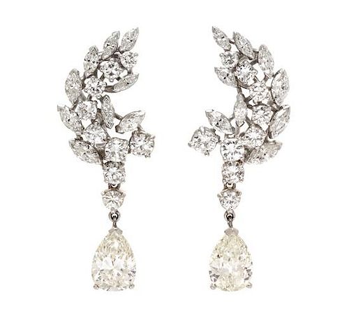 A Pair of Platinum and Diamond Drop Earclips, 9.30 dwts.