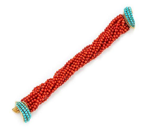 * An 18 Karat Yellow Gold, Turquoise and Coral Bead Torsade Bracelet, 47.60 dwts.