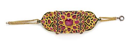 A High Karat Gold, Ruby and Polychrome Enamel Bazuband Bracelet, Indian, 42.50 dwts.