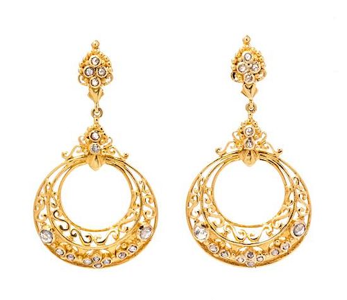 A Pair of 18 Karat Yellow Gold and Diamond Pendant Earrings, 9.50 dwts.