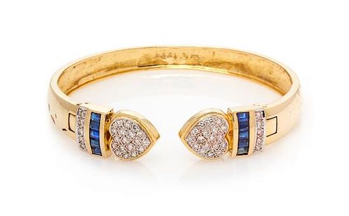 An 18 Karat Yellow Gold, Diamond and Sapphire Cuff Bracelet, 19.30 dwts.