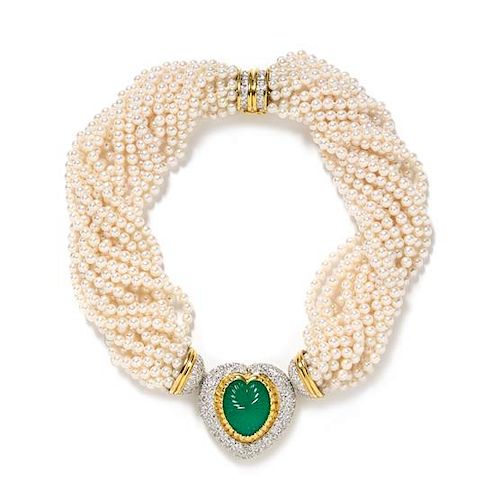 An 18 Karat Yellow Gold, Emerald, Diamond and Cultured Pearl Multistrand Necklace, Marshall, 127.10 dwts.